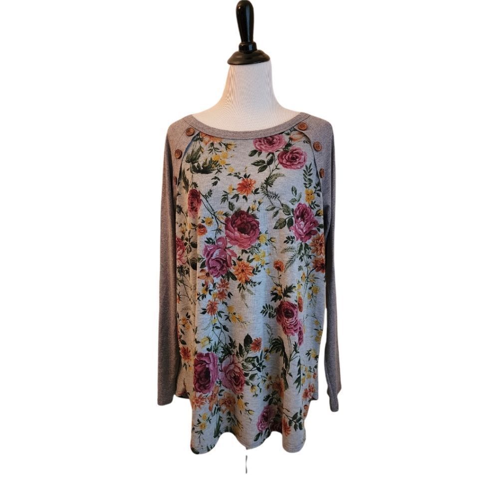 Grey Floral Long Sleeve Top 1X